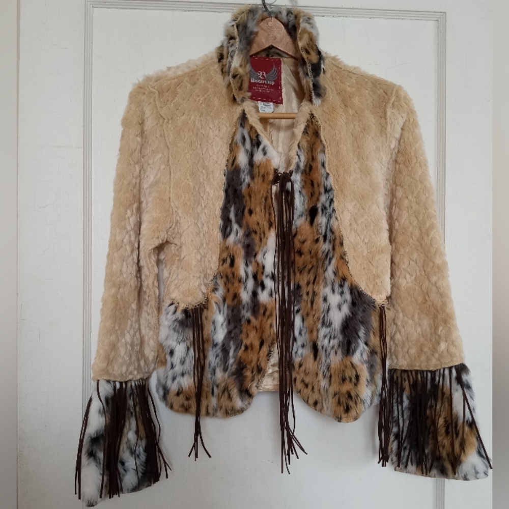 Faux Fur Jacket  Funky Fairy Woodsy Nature Lots Of Faux Leather Fringe Medium